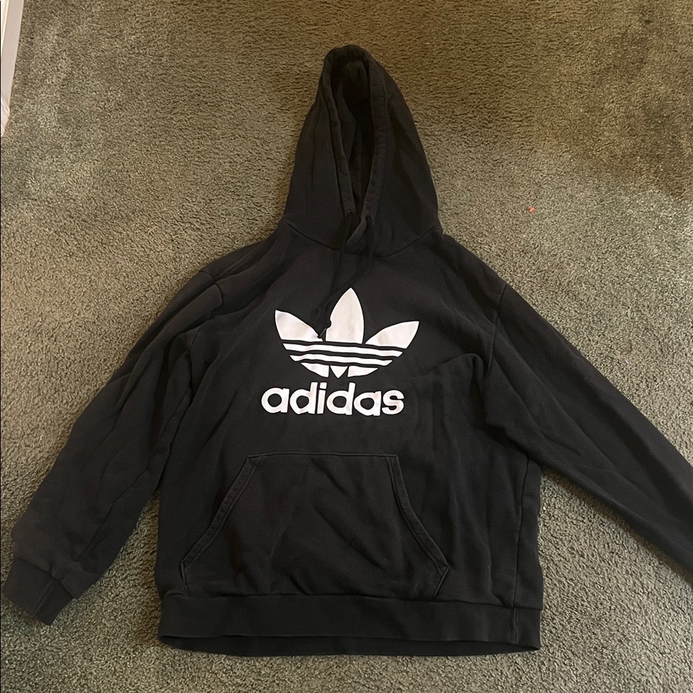 Adidas XL Black Hoodie with Iconic White Trefoil in good condition w/ pocket